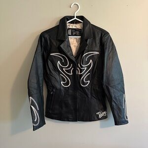 Pure Victory Black Leather Jacket with White embroidered Detailing